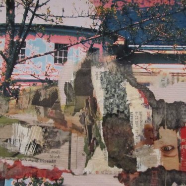 HEIMATSTÜCK 1, 2013, Mischtechnik-Collage auf Fotografie, 14x14cm