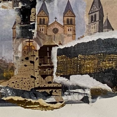 HEIMATSTÜCK 50, 2022, Mischttechnik-Collage und Blattgold auf Papier, 7x7cm
